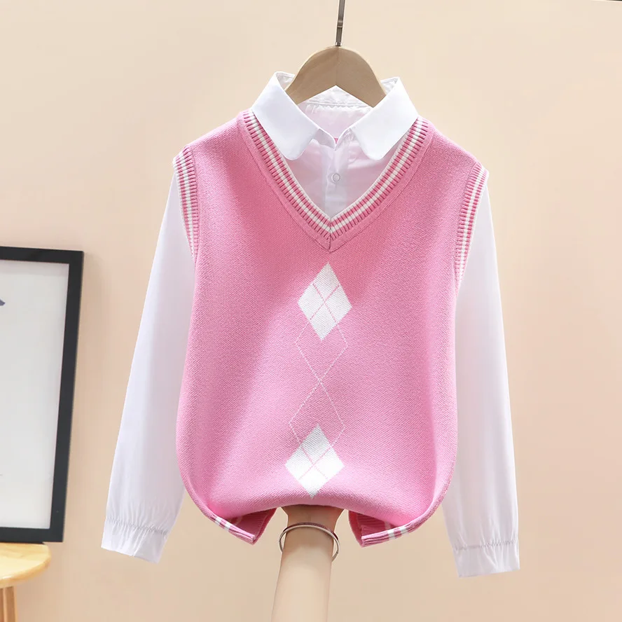 

Новый весенний вязаный жилет-поло для девочек, школьная форма, теплый повседневный пуловер для детей 4-15 лет, осенне-зимняя одежда