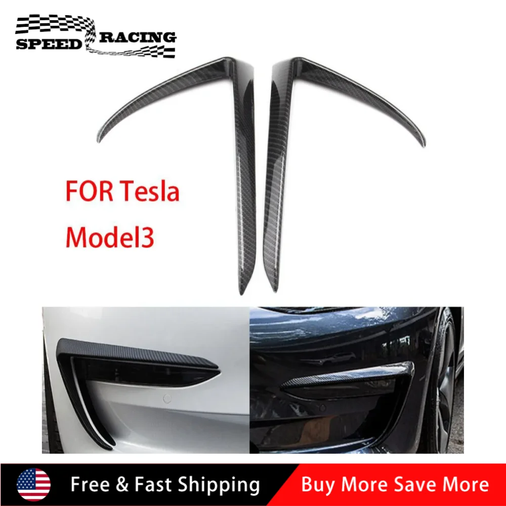 

2pcs ABS Car Front Fog Lamp Eyebrow Wind Knife Front Bumper Wind Knife Trim For Tesla Model 3 Black Carbon Fiber Color SLJ-1040