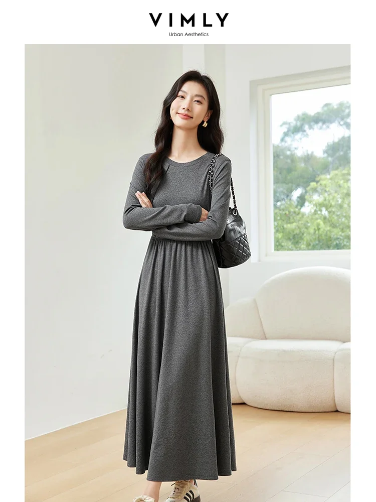 VIMLY Women\'s Casual Commuter Dress Autumn Female Solid Versatile o-Neck Knit Sweater Dress Elegant Knitwear Bottom Long Dress