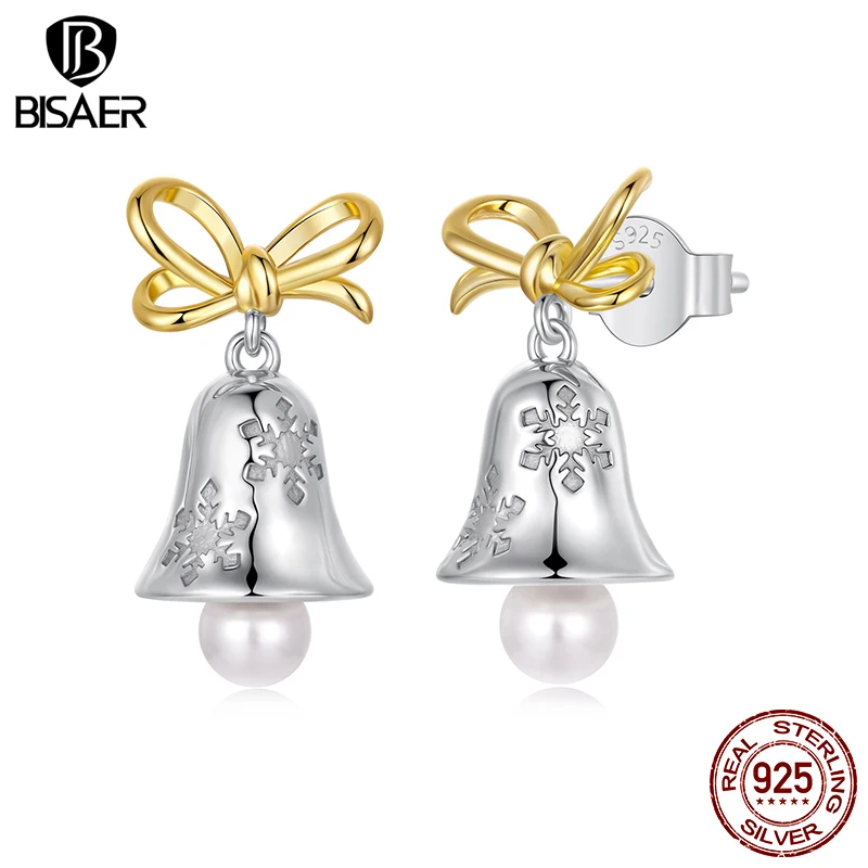 

Серьги-гвоздики BISAER из стерлингового серебра 925 пробы со снежинками и колокольчиками, гипоаллергенное белое золото с покрытием для женщин, ювелирные изделия, Рождественский подарок