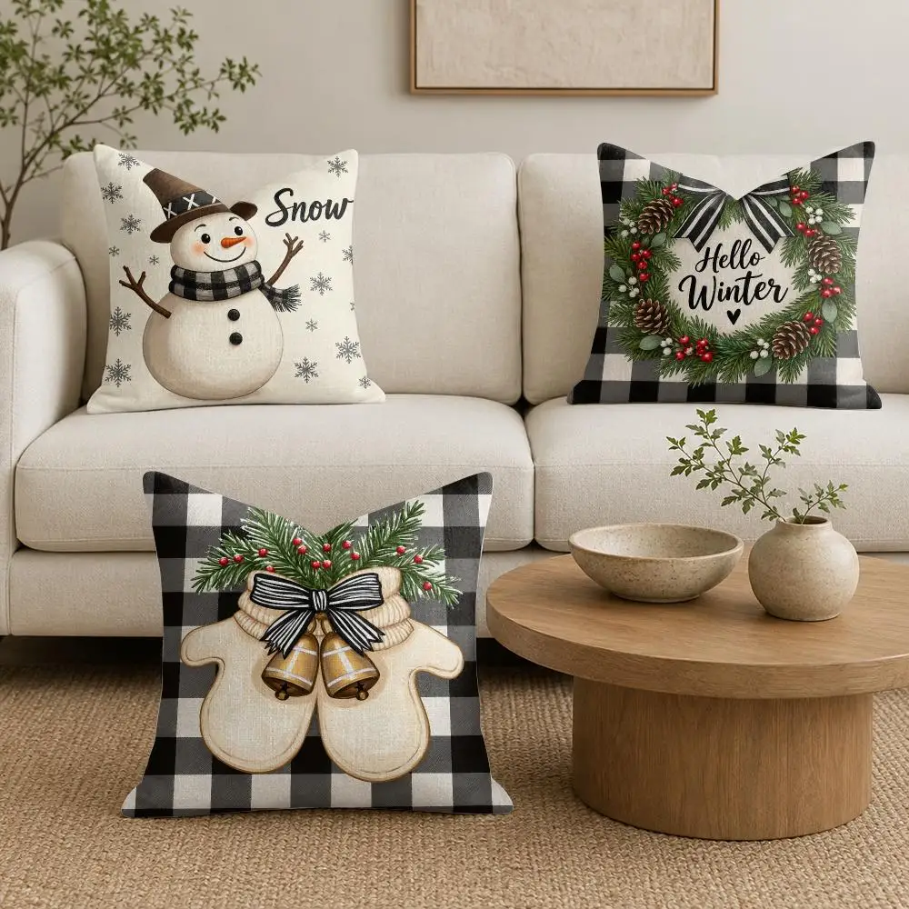 Winter Snowman Gloves Reindeer Tree Cushion Cover Linen Double-Sided Printed Pillow Case for Sofa Couch Bedroom Living Room