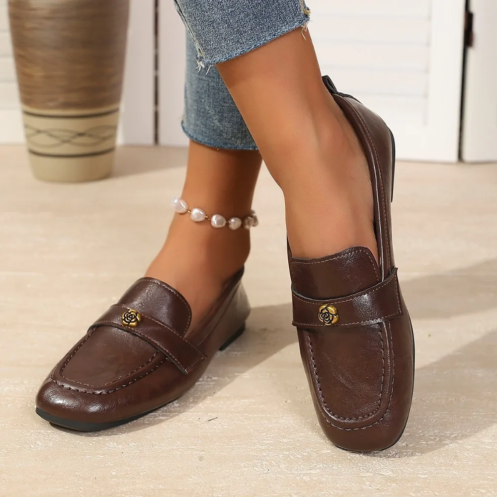 Women's Rose Metal Decor Square Toe Loafers, Slip On Flat Dress Shoes, Soft Patent Leather Casual Office Shoes