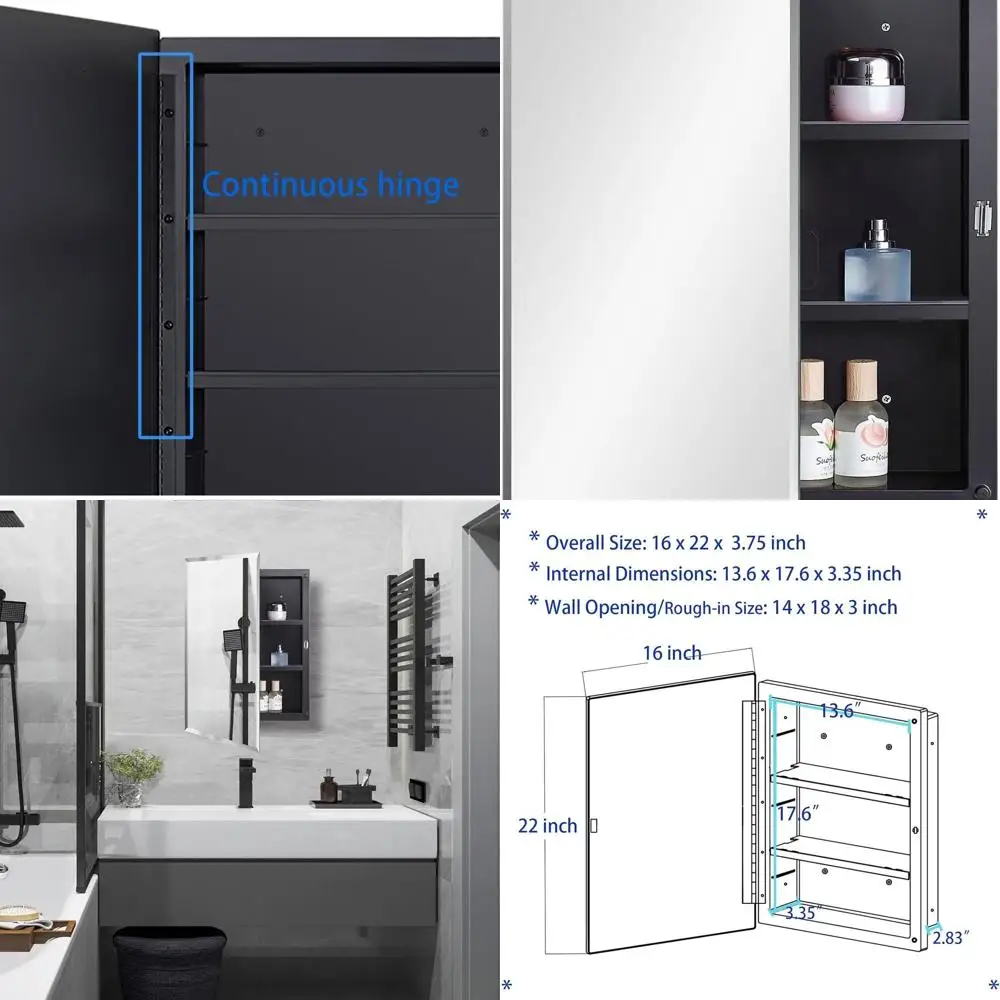 

Черный пластиковый аптечка 16 x 22 со скошенным зеркалом, поверхностным или встраиваемым креплением