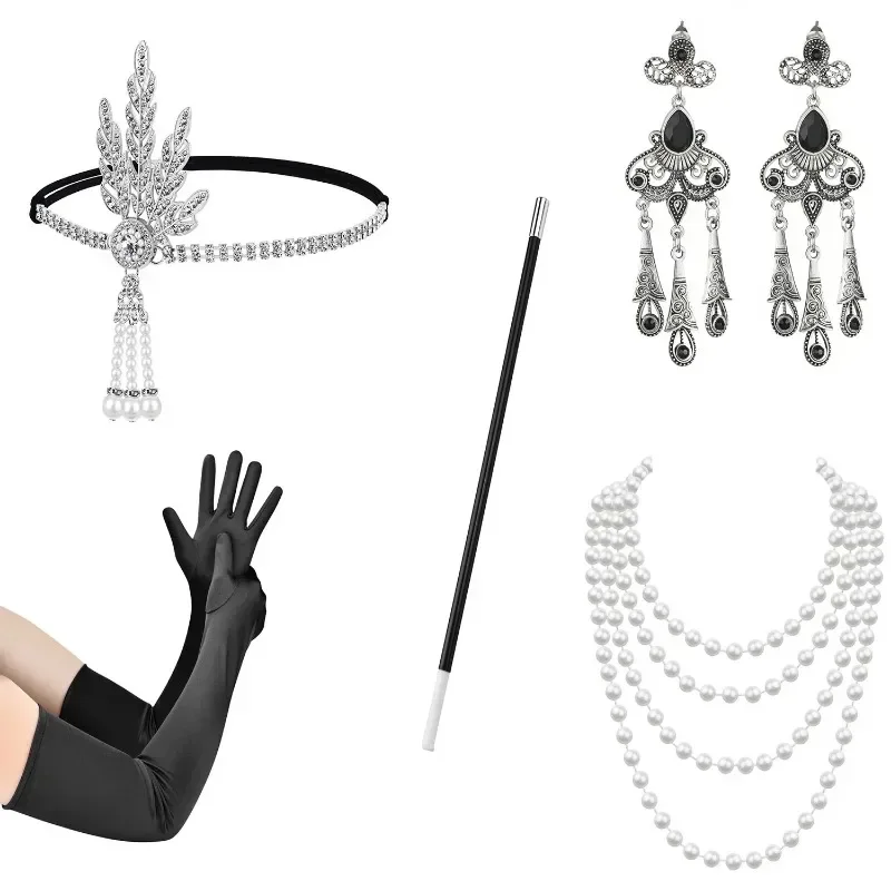 5PCs Gatsby party 1920s set metal leaf headwear alloy headband necklace long smoke Rod glove set makeup ball accessories