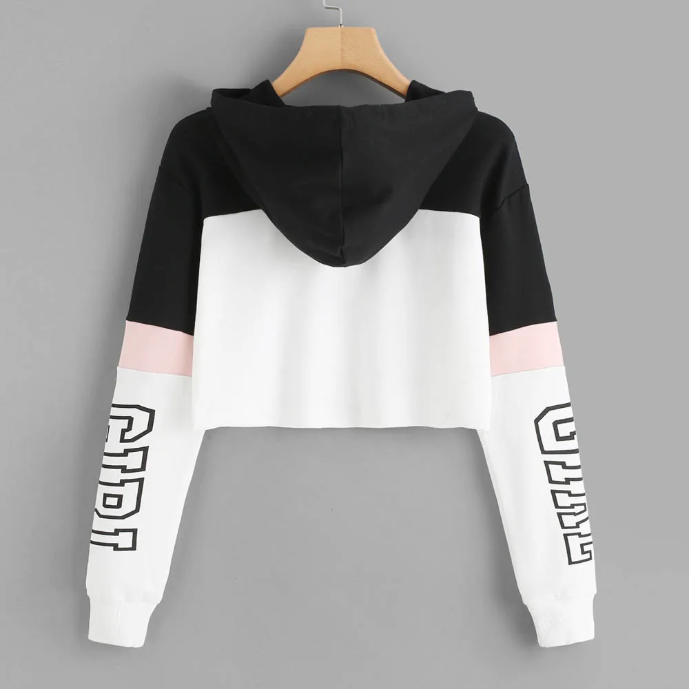 Long Sleeve Hoodie Sweatshirt Women Letters Printing Hoodie Crop Top Hooded Pullover Harajuku Blouse Teen Girls Sudaderas