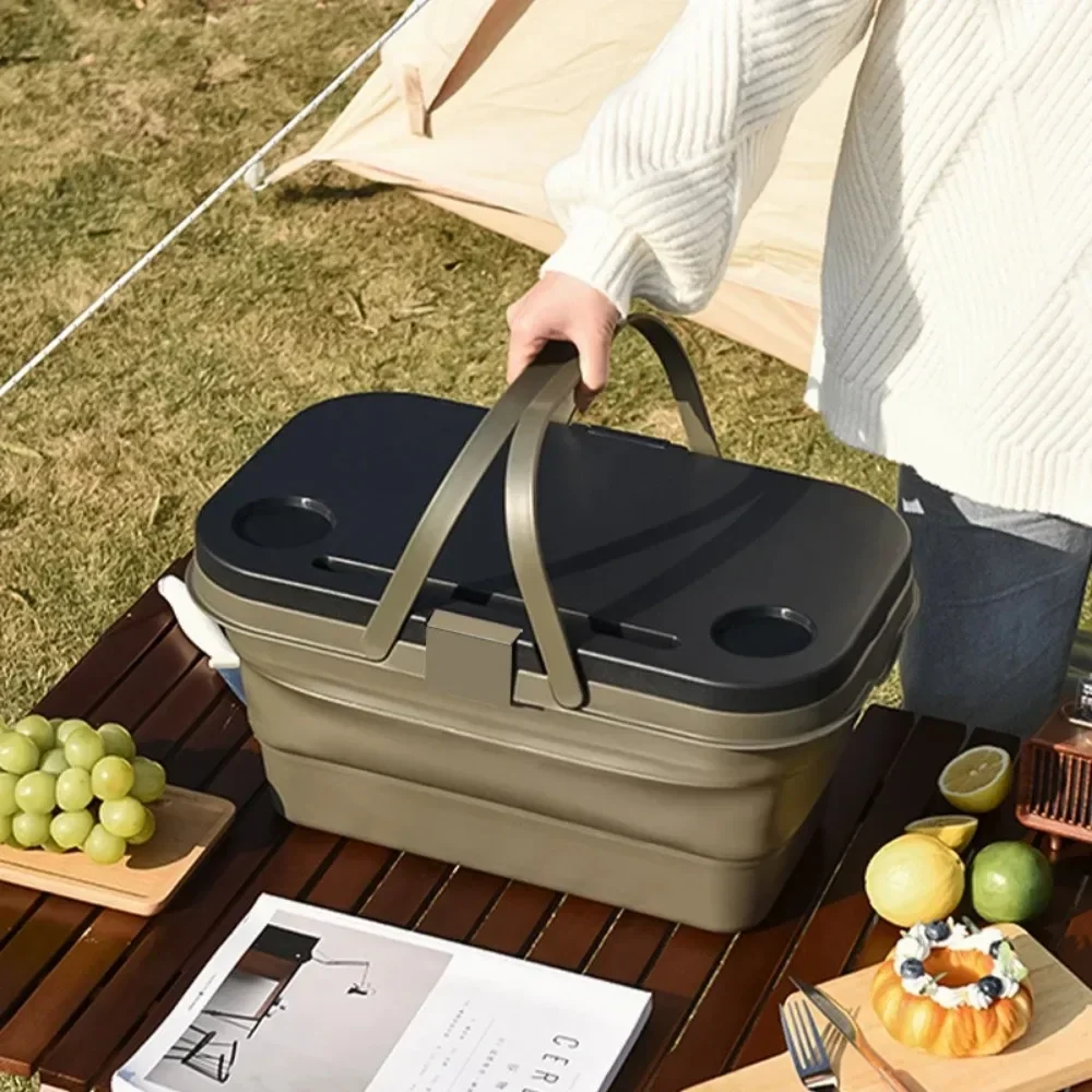 Outdoor Camping Box Składany kosz piknikowy Przenośny kosz na śmieci z deską stołową Wodoodporny organizer na żywność podróżną o dużej pojemności