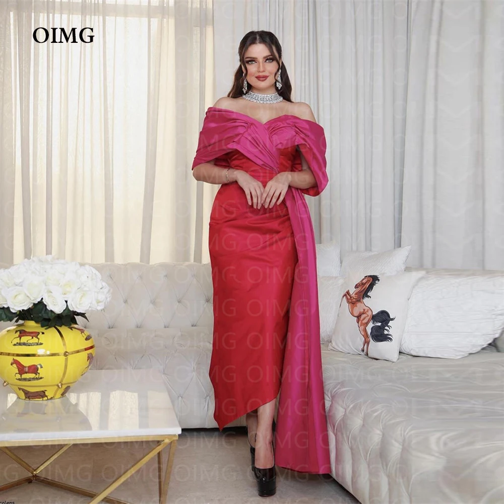 

OIMG Royal Pink Red Taffeta Long Evening Dresses Off Shoulder Straight Arabic Prom Gowns Saudi Arabic Women Formal Party Dress