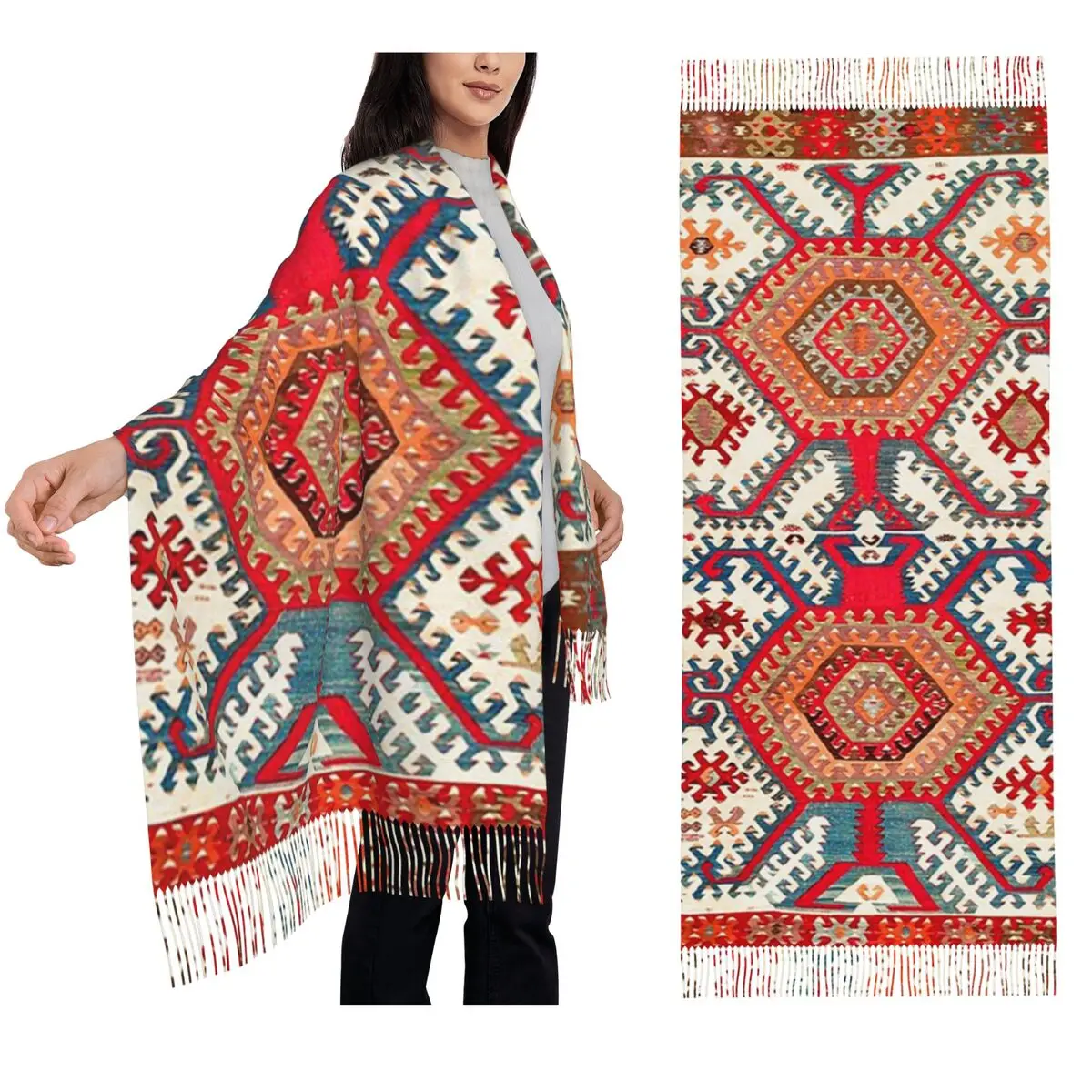 Hotamis Antique Turkish Konya Kilim Print Scarf Tassel Scarves Women Soft Warm Shawls and Wraps Large Fall Winter Shawl Wrap