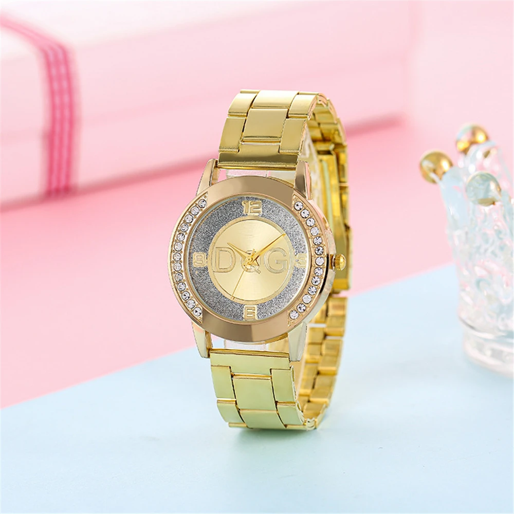 Luksusowy markowy damski zegarek przewiewny Rhinestone stalowo-złoty pasek zegarki damskie zegarki zegarki bezpłatne narzędzie pasek