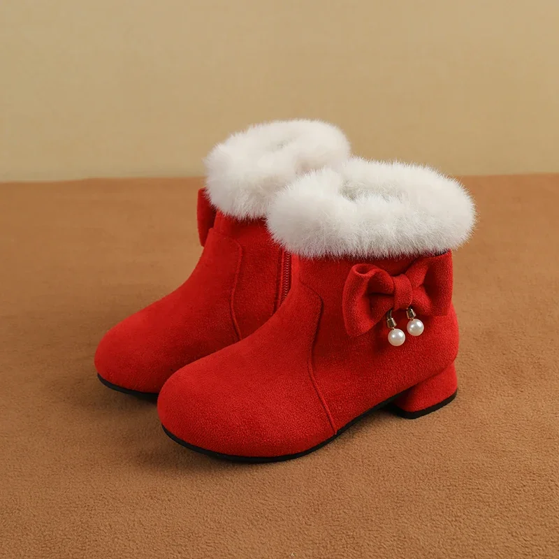Red New Children Snow Boots Winter Comfortable Thick Warm Girl Boots Lobbing Kids Suede Short Outdoors Boots