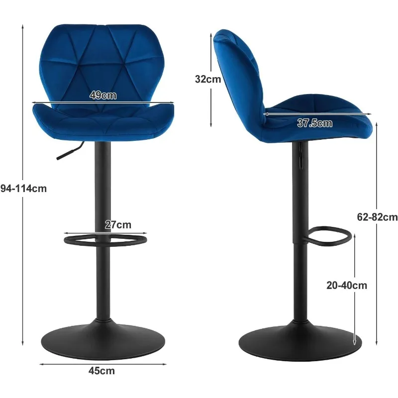 Conjunto de 2 bancos de bar, bancos de bar com altura de balcão, base grande, cadeiras de bar estofadas giratórias ajustáveis com encosto e apoio para os pés