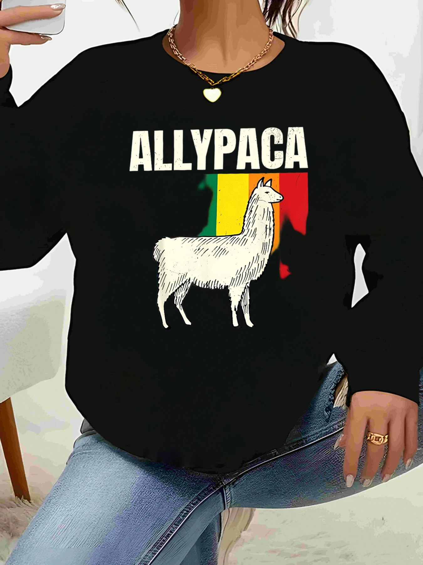 

Толстовка с принтом альпаки и текстом для повседневной одежды. Женский модный топ.