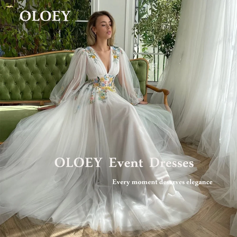

OLOEY Simple V Neck Floral Wedding Dresses Floor Length A Line Bridal Gowns Appliques Puff Full Sleeves Corset Free Customized