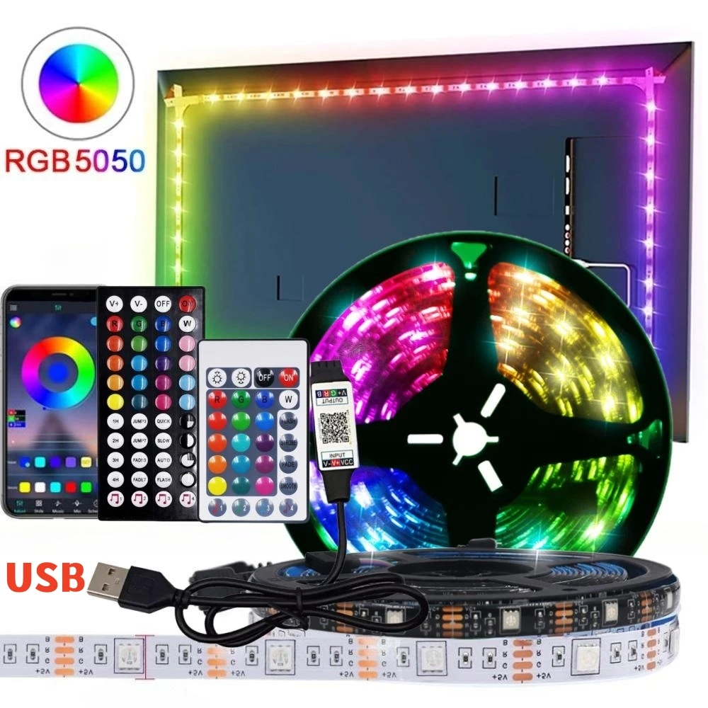 5M 10M USB RGB LED Strip Ribbon TV Backlight 5V Bluetooth Voice Control Lamp Tape Desktop Diode 3M Self-adhesive 5050 30LEDs/M