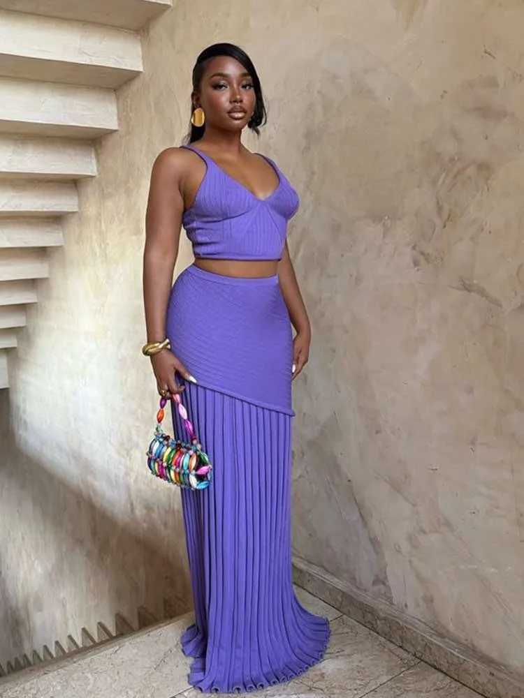 

Летний тонкий вязаный комплект из двух частей с юбкой, женская уличная одежда, сексуальный топ на бретелях и плиссированное платье, элегантный комплект с верхней юбкой