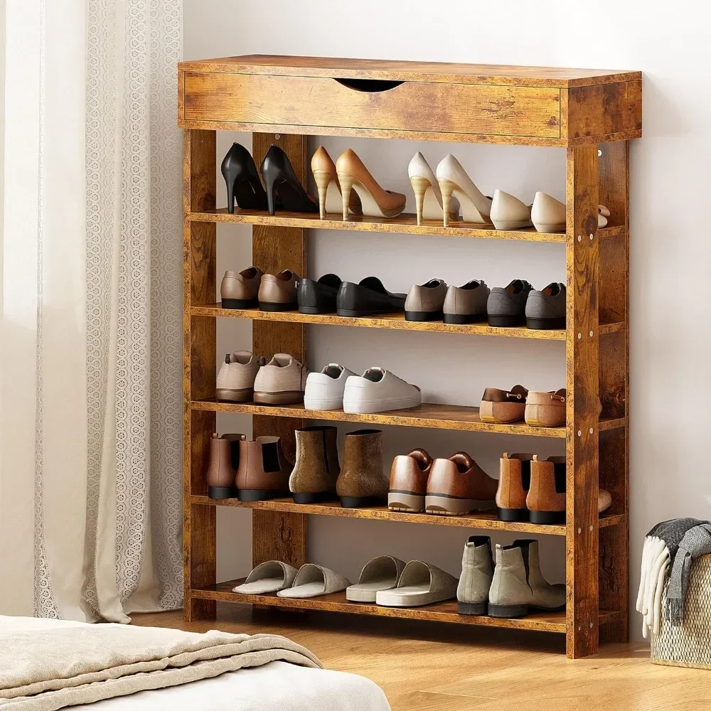 

5-Tier Wooden Shoe Rack With Storage Cabinet Shoes Organizer Hallway Living Room 29.5 Inches Vertical Free Standing Shoe Shelf