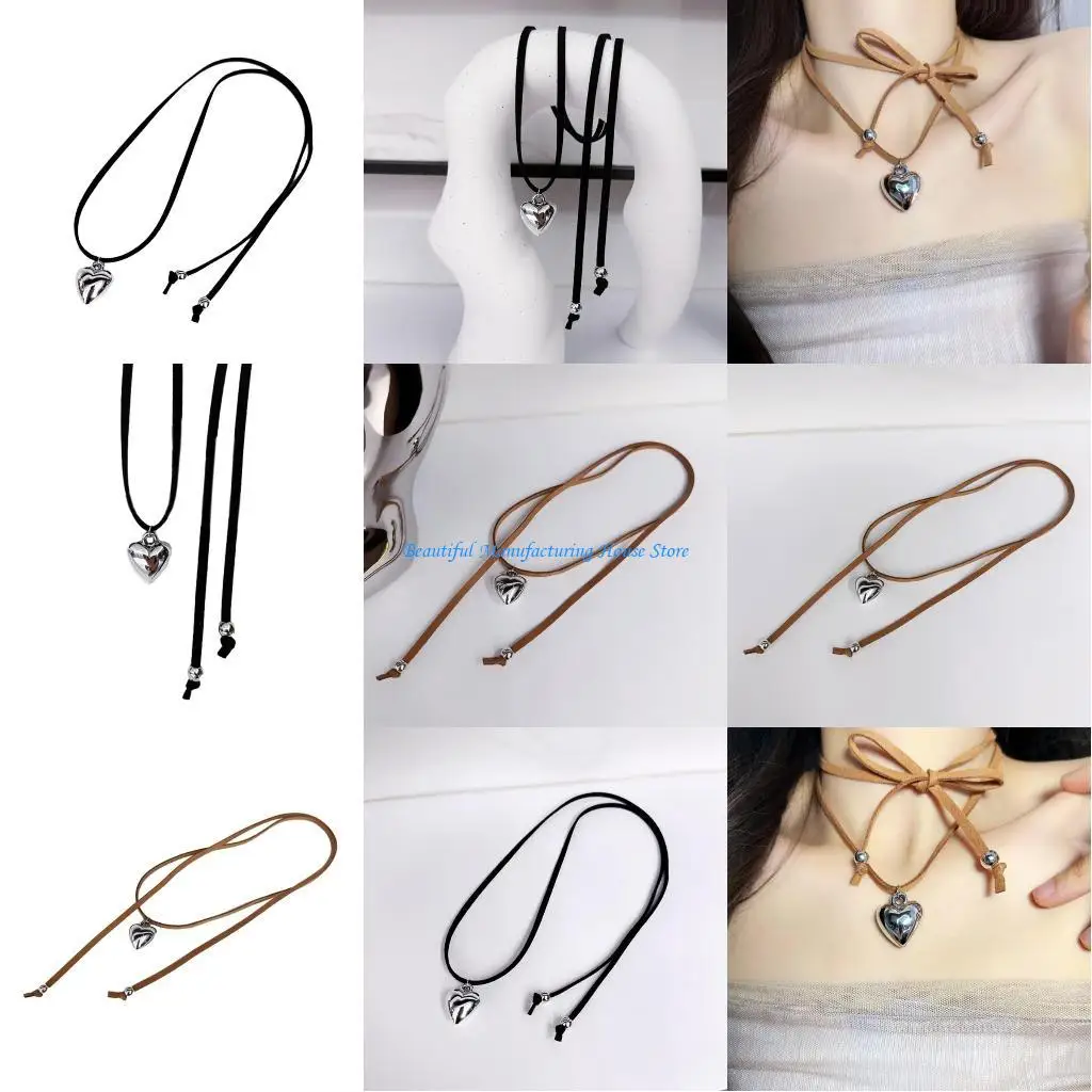 

E56A Sweet Cool Love Heart Pendant Necklace Clavicle Chain Statement Jewelry Long Rope Adjustable Bowknot Choker Necklaces