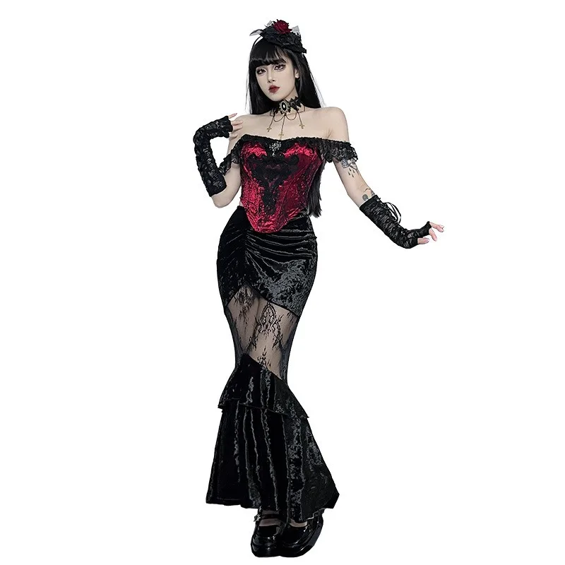JY23585 Dark Wind New Sexy Perspective Spice Girl Long Dress, Summer Temperament Suede Lace Splicing Skirt Women