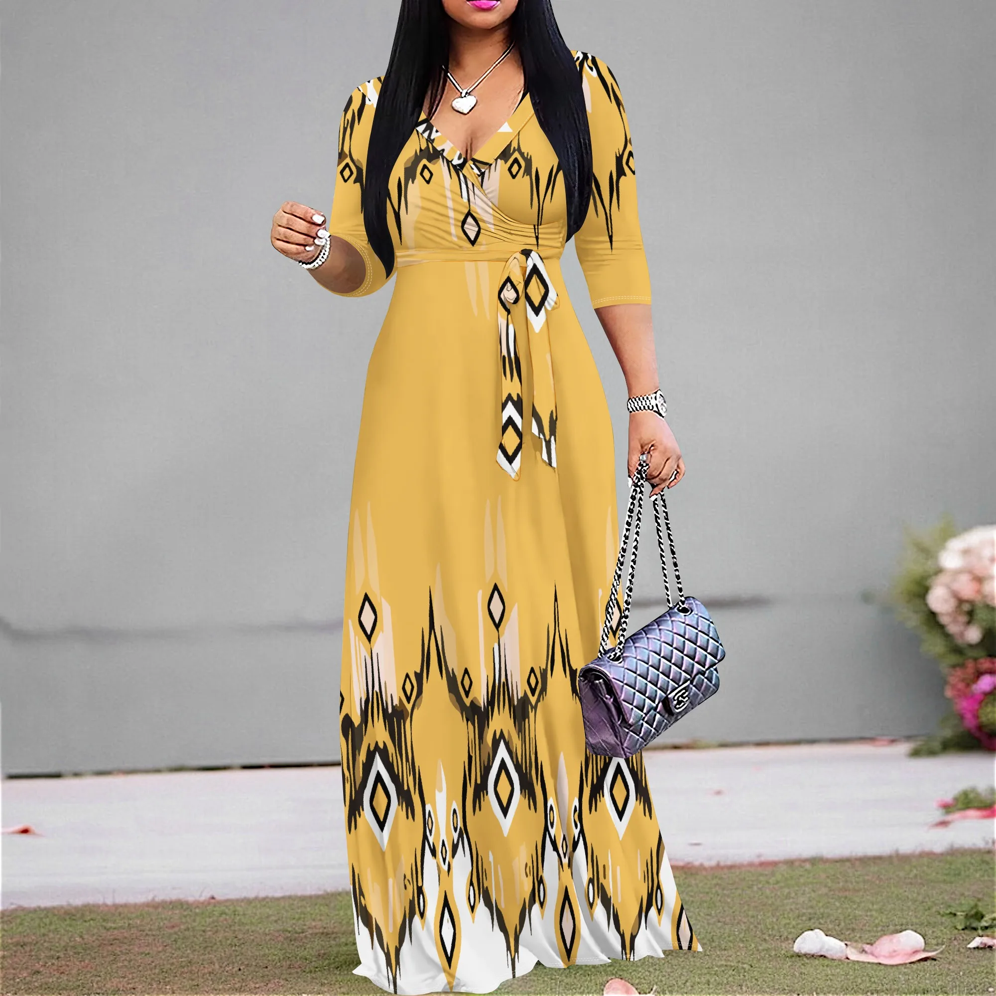 

Women's Print Maxi Dresses 3/4 Sleeves Flowy Long Dress V Neck Wrap Tie Waist Sundress