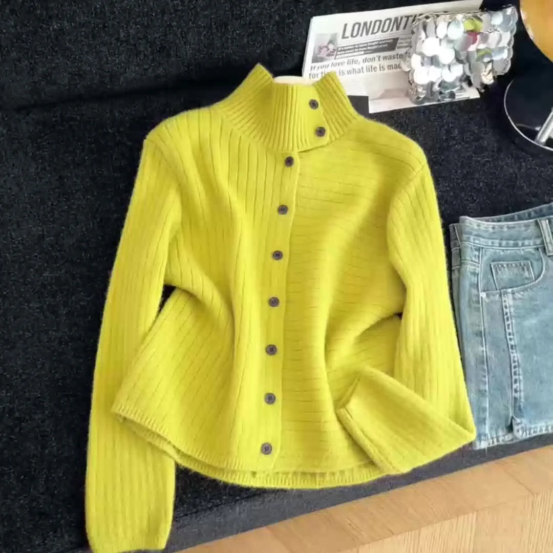 

Women's Green Turtleneck Cardigan Sweater Korean Style 2000s Vintage Long Sleeves Cozy Cashmere Sweater For Women Clothes Spring