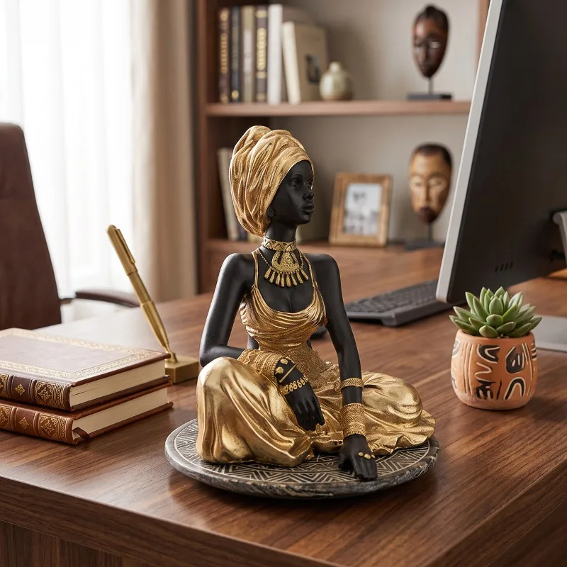 1Pcs Elegant Black Woman Figurine, Golden Dress & Turban, African Art Decor, Home & Office Ornament, Luxury Gift