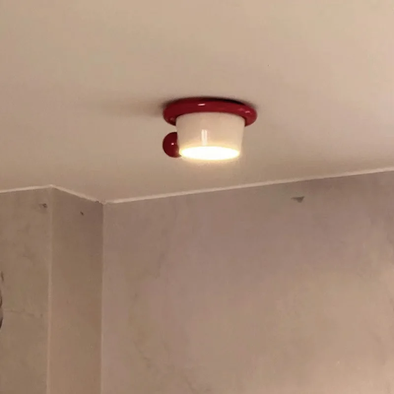 Cute Teacup Ceiling Lamp Retro Ceramic Aisle Entrance Balcony Red Cream LED Lamp