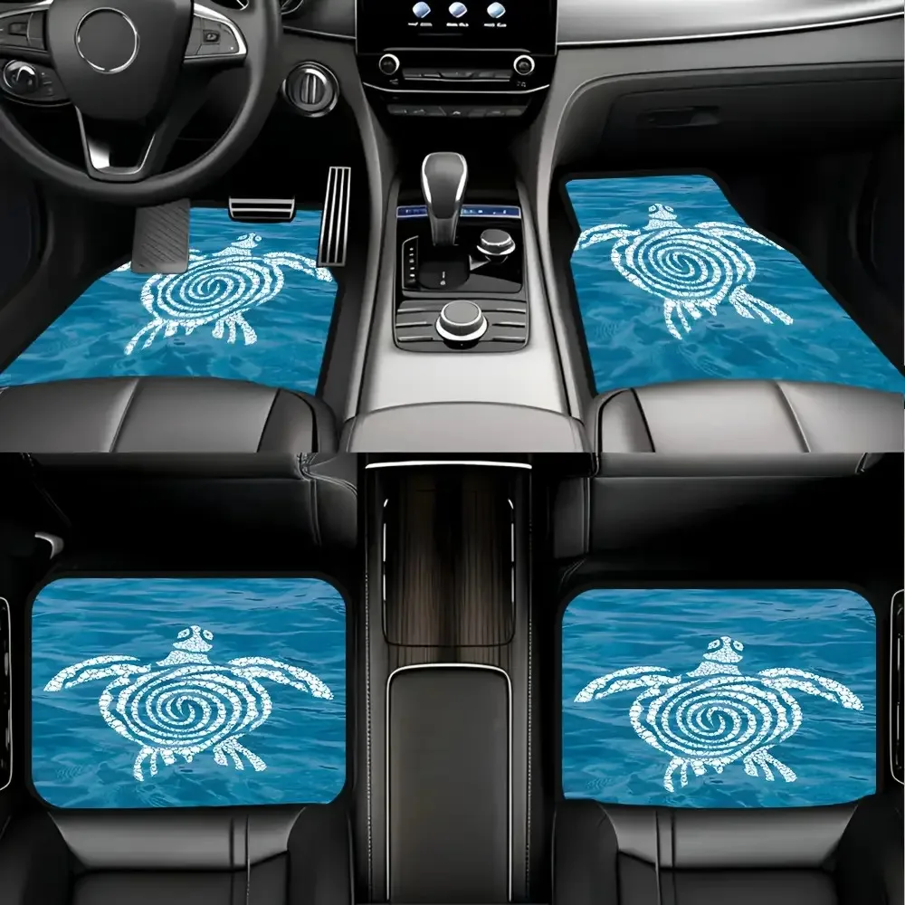 Set Of 4 Turquoise Floor Mats Featuring Turtle And Wave Designs, With A Turquoise And White Ocean Theme, Designed For All-Weathe