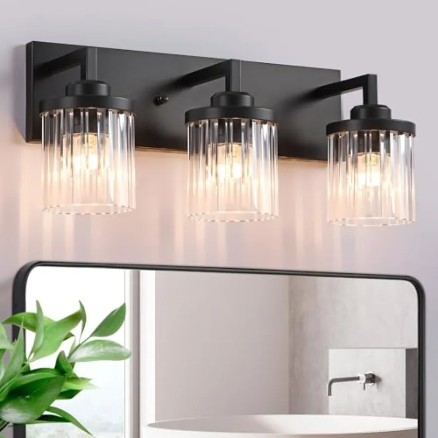 

Modern Crystal Bathroom Light Fixtures 3 Light Black Farmhouse Vanity Lights with Crystal Glass Shade Industrial Bathroom Light