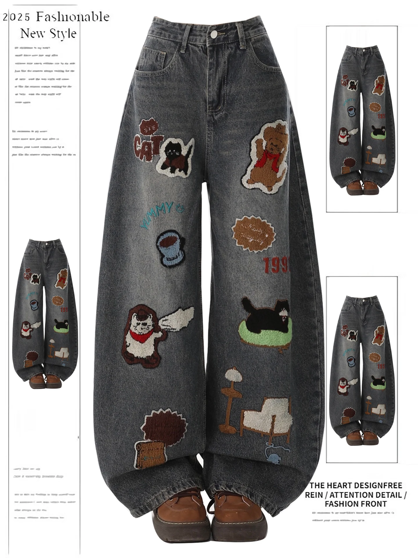 

Женские джинсы с широкими штанинами и вышивкой в стиле ретро-мультфильмов, осенняя новинка, свободный крой, длина в пол, с высокой талией, из денима
