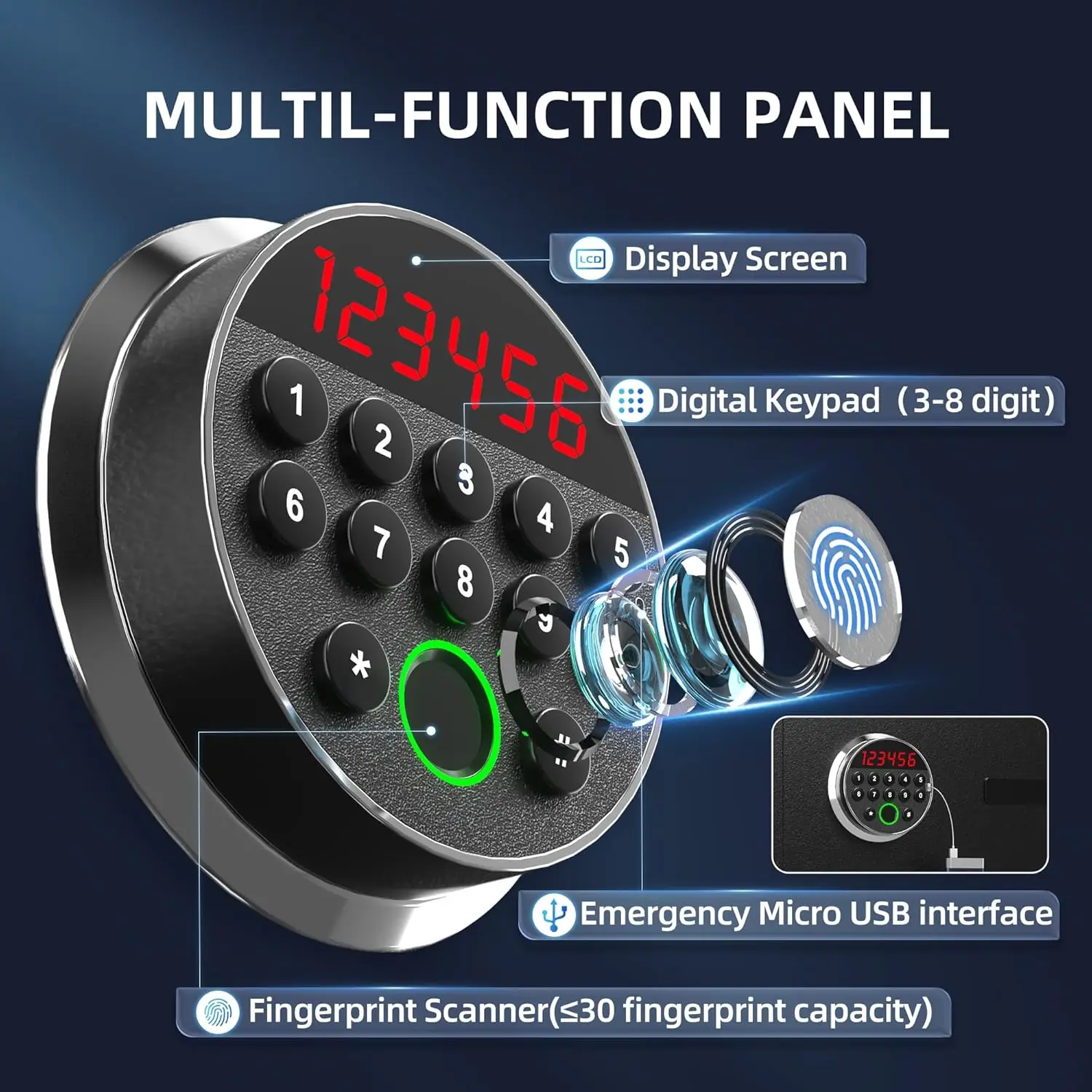 Biométrico Fingerprint cofre com teclado digital, caixa de bloqueio de aço, casa, escritório, segurança, 3.0 pés cúbicos