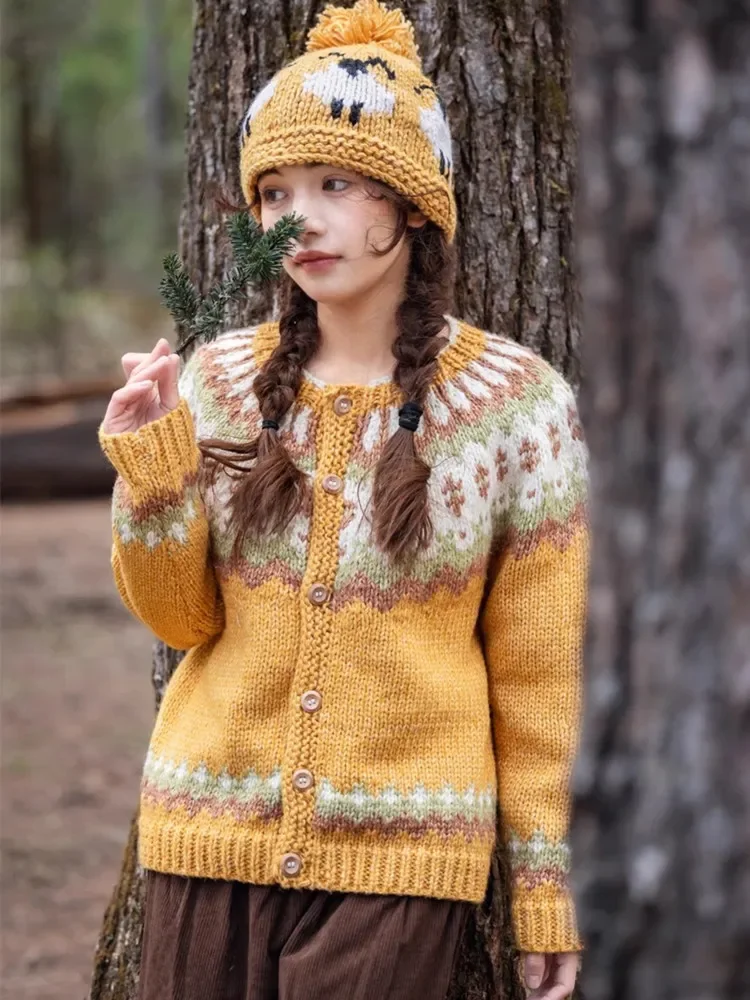 102-106 سنتيمتر تمثال نصفي خريف شتاء بالأزرار النساء معرض جزيرة الشمال اليدوية خمر النقي اليدوية سميكة الدافئة الصوف القطن البلوزات معاطف #3