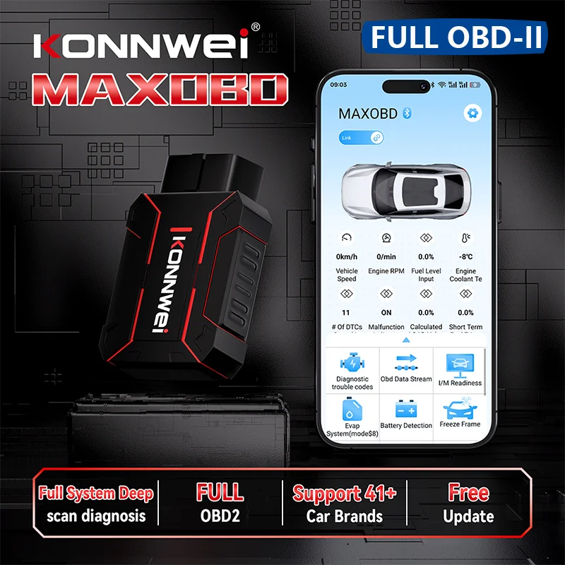 

2026 KONNWEI MAXOBD Сканер OBD2 Bluetooth полной системы для автомобиля, Диагностический инструмент для iOS и Android, Читатель кодов неисправностей двигателя, ABS и сигнализации