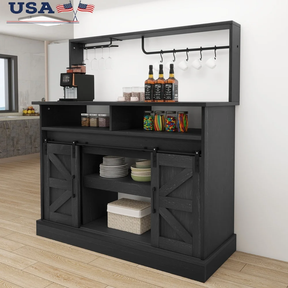 

47 Inch Farmhouse Coffee Bar Cabinet Buffet Sideboard with Power Outlets USB Ports Wine Glass Rack Rustic Storage