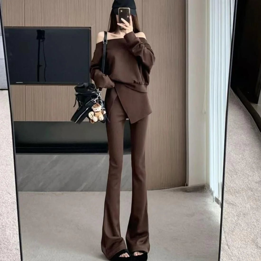 Calças bootcut kawaii feminino simples básico liso detalhe extravagante decorado embelezado bordado padrão de impressão floral listrado