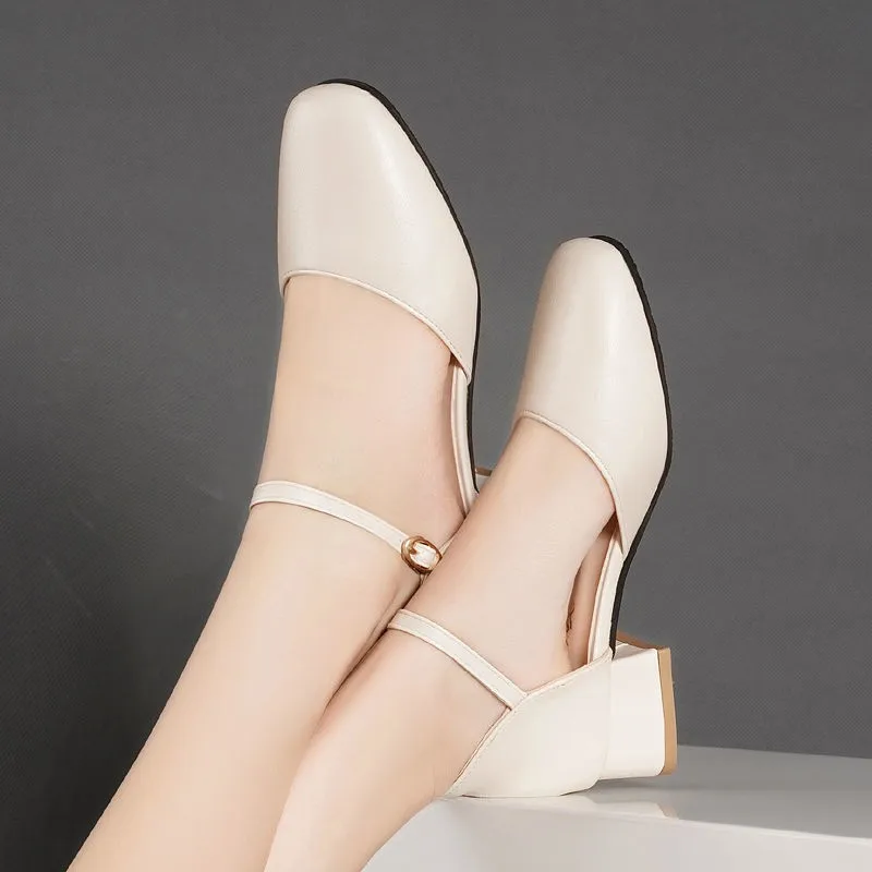Plus Size Women Middle Heels Dress Shoes Summer Bag Heel Square Head Hollow  Sandals Office Occupation Buckle Strap Shoes Ladies