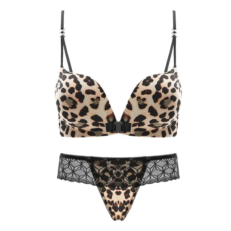 UBAU Classic leopard print back sexy front buckle underwear women lace lingerie set small breasts gathered anti-sagging bra