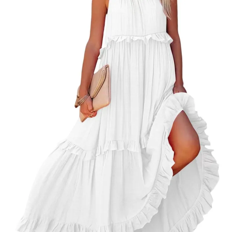 

Fashionable Sleeveless Long Dress Halter Neck Summer Women Backless Lace-up Loose Ruffles Dress Elegant Slim Fit Ladies Vestidos