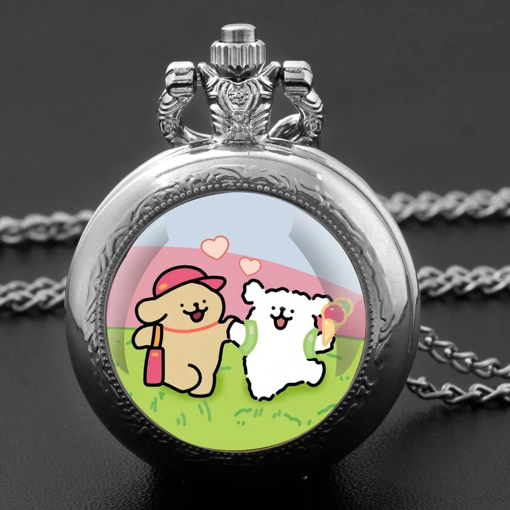 

Two Puppies Cute Cartoon Vintage Glass Dome Quartz Pocket Watch Chain Timepiece Pendant Ideal for Men Women Children As Gifts