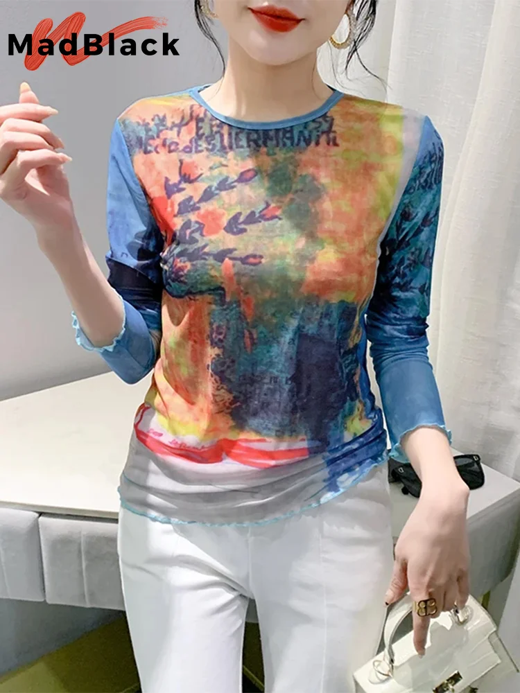 MadBlack European Clothes t-shirt donna girocollo stampa Mesh Slim top manica lunga t-shirt elastica a prova di sole primavera nuovo 2024 muslimah