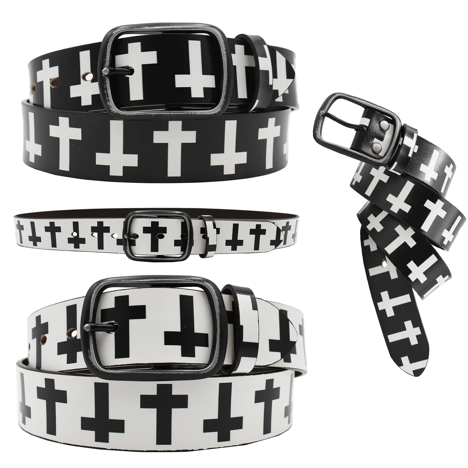 レザークロスプリントベルトユニセックスヴィンテージパンク-y2k-多用途ブラックホワイトウエストベルトカジュアルスタイル合金バックル幾何学模様