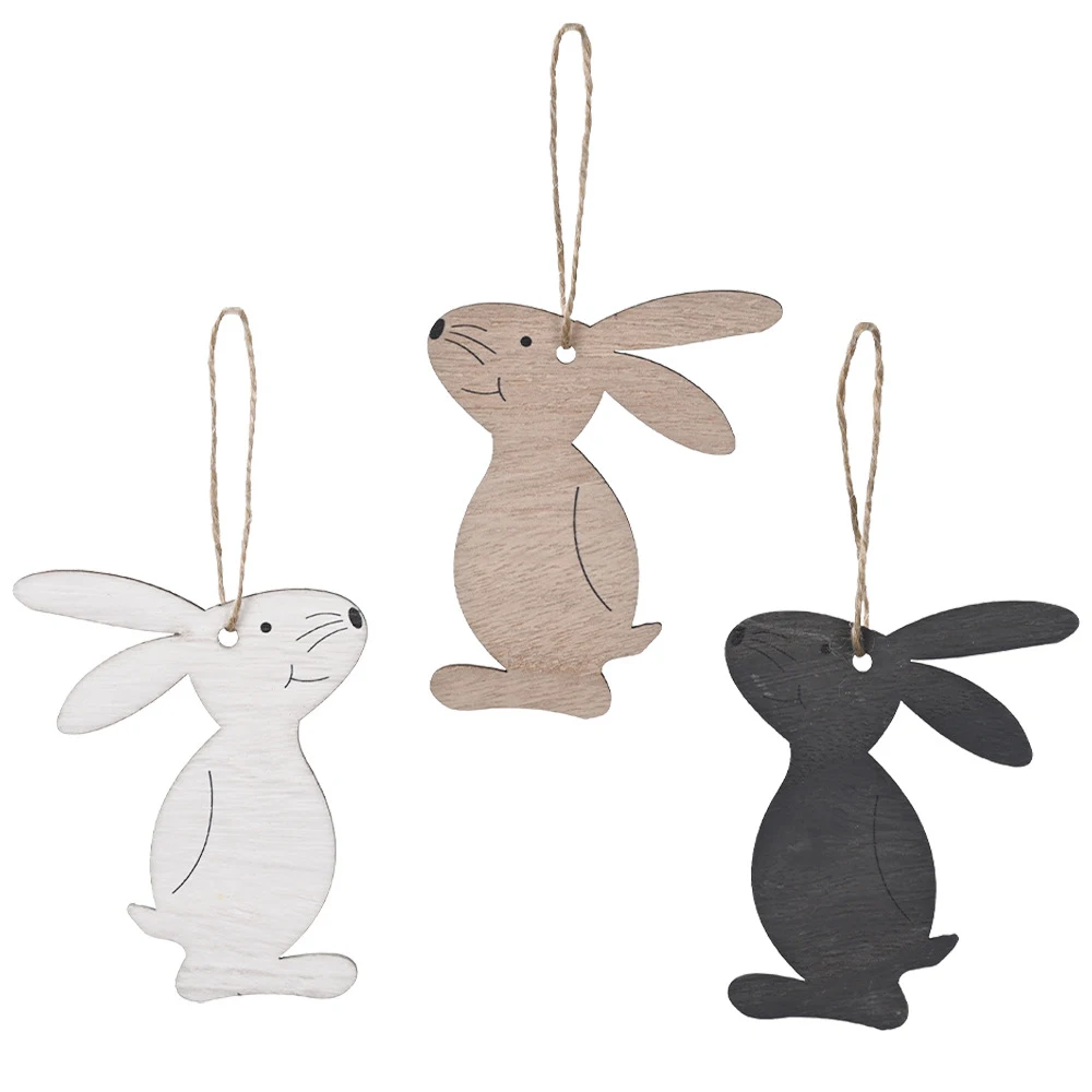 3 Pack Easter Rabbit Bunny Wooden Pendant Easter Decoration Hanging Craft for DIY Home Party Kids Gift