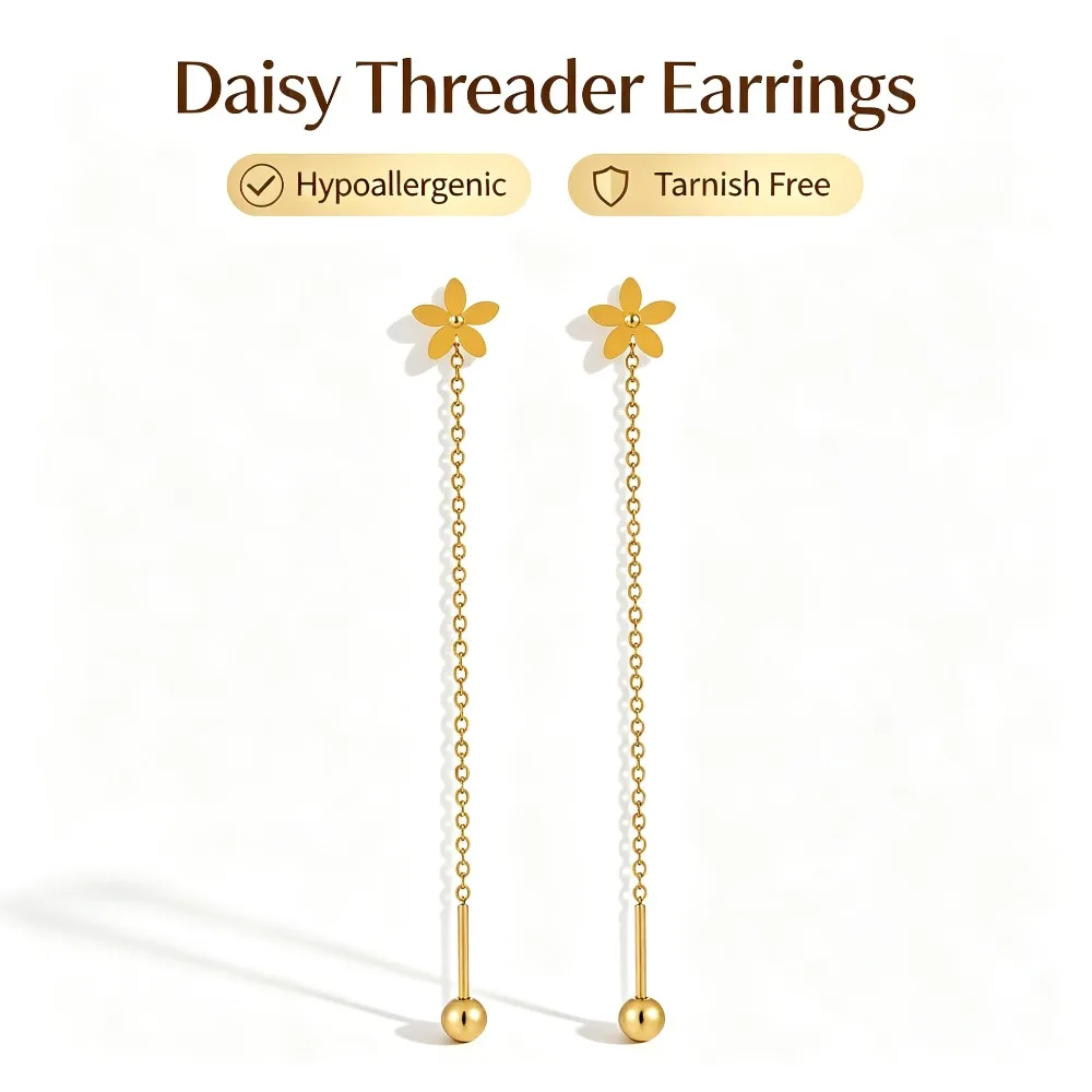 Korean Daisy Threader Earrings Women Titanium Steel Hypoallergenic No Fade Sleep Safe Anti Lost Birthday Gift for Her