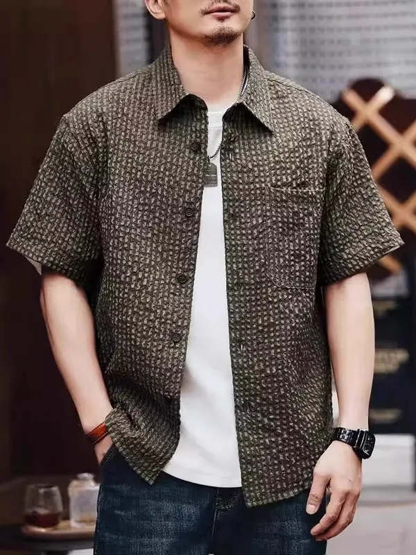 

American Retro Thin Bubble irt Men's Summer Trendy Loose Tee-dimensional Plaid Texture irt Breathable Stand Fit ...
