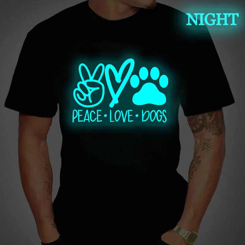 

Men's "Peace Love Dogs" Graphic T Shirt Fun Short Sleeve Dog Paw Print Shirt Women Crewneck Luminous Style Male Ropa Hombre