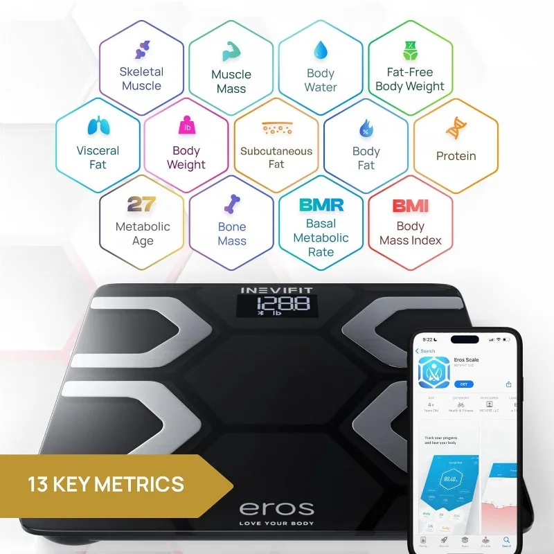 EROS Bluetooth Body Fat Scale Smart BMI Highly Accurate Digital Bathroom Body Composition Analyzer with Wireless Smartphone