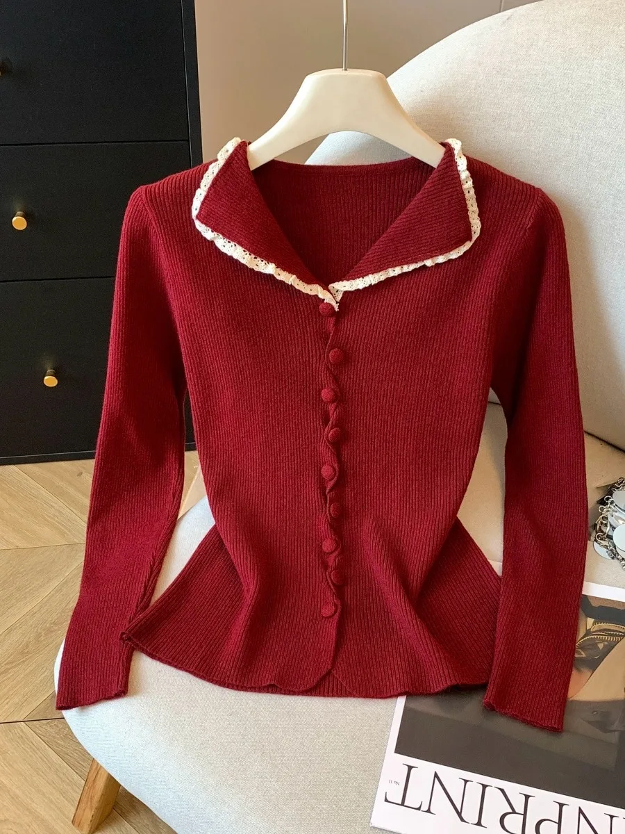 Red Lace Knitted Open Cardigan Women's Autumn Winter Turn-down Collar Unique Inner irt Base Top Sweet Sle Soft Nylon