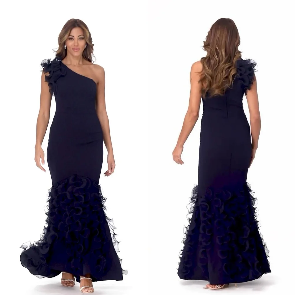 Robe Sirène Longue en Jersey Drapée et Froncée, Tenue de Graduation, Asymétrique, Épaule Dénudée, sur Mesure, pour Occasions