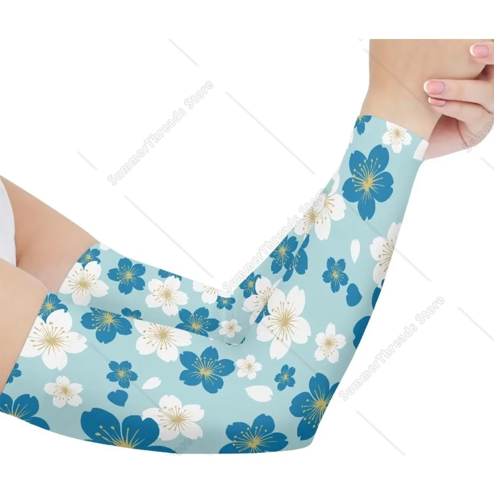 Blue Tropical Floral UV Sun Protection Arm Sleeves for Women Men, Cooling Sports Sleeves for Golf, Running, Cycling, Hiking