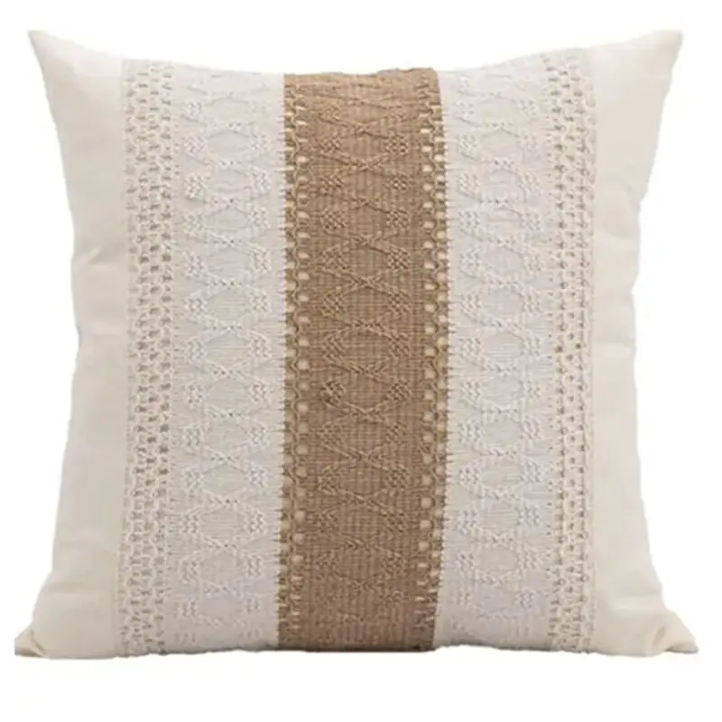 AT02-18X18inch Cotton & Burlap Throw Pillow Covers Boho Farmhouse Textured Striped Woven Cushion Covers For Spring Summer