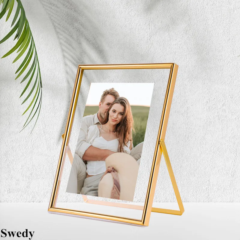 3 Pieces 6 Inch Glass Pressed Flowers Frame Tabletop Gold Metal Floating Standing Glass Picture Artwork Photo Display Frame